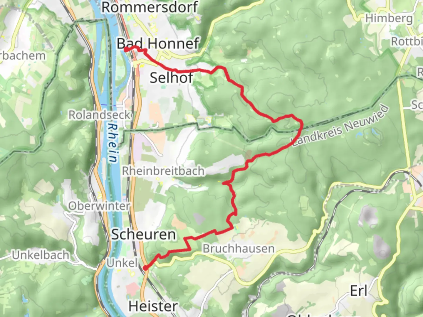 An image depicting the trail Unkel to Bad Honnef via Rheinsteig Zuweg Bad Honnef and its surrounding area.
