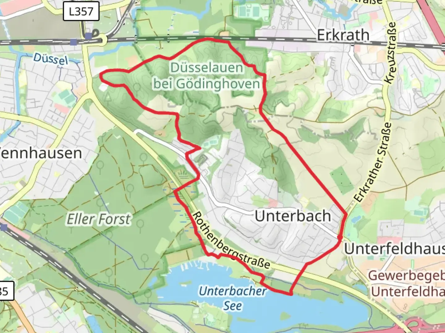 An image depicting the trail Unterbach See via Im Hochfeld and its surrounding area.