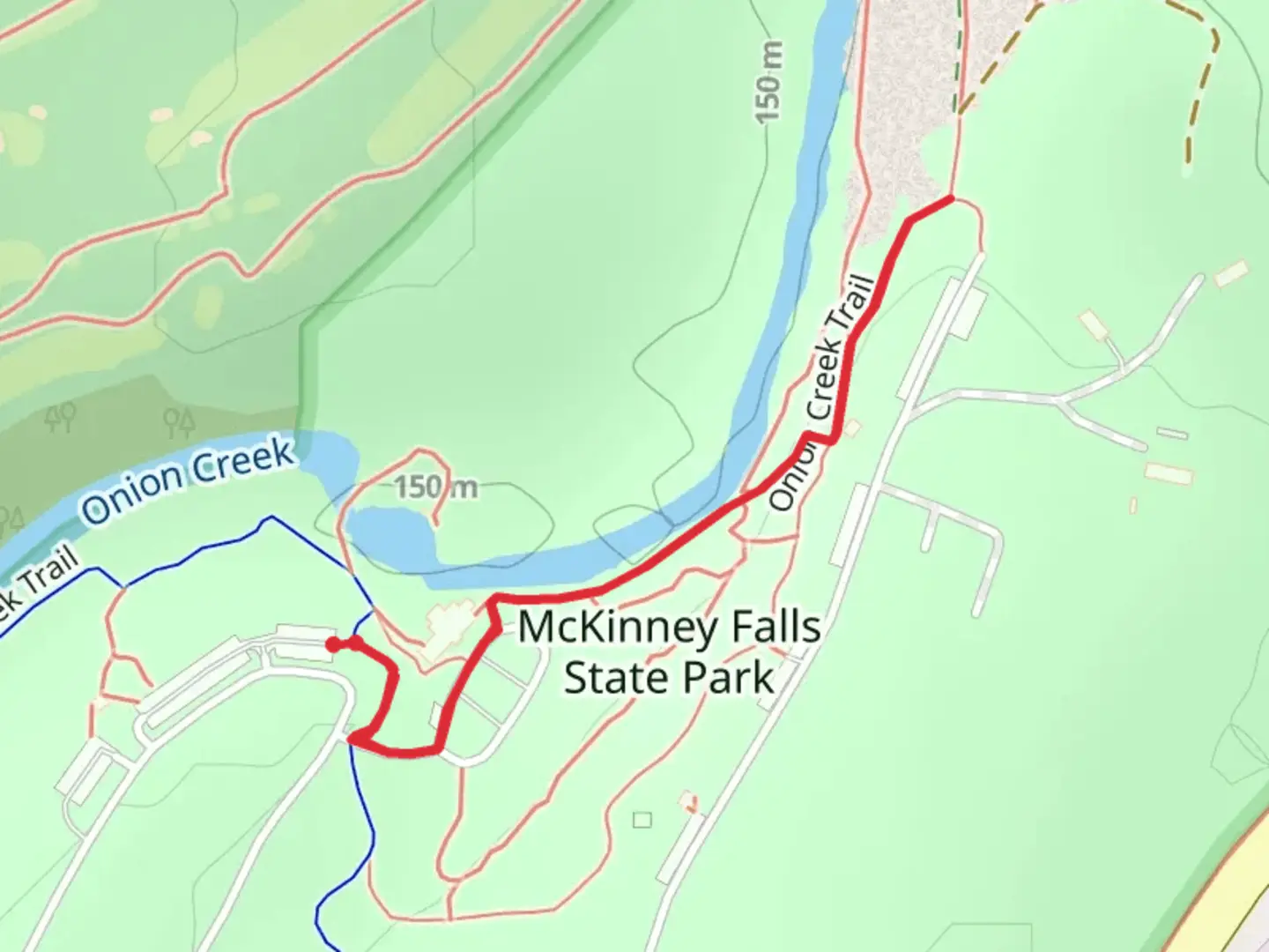 An image depicting the trail Onion Creek Trail Out and Back and its surrounding area.