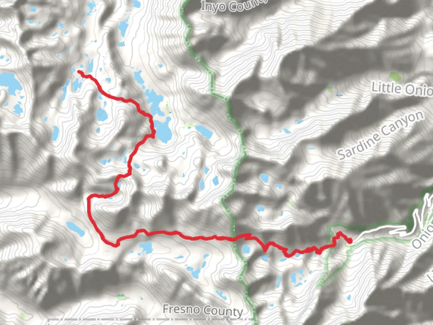 An image depicting the trail Lower Sixty Lakes Basin and Kearsarge Pass Trail and its surrounding area.