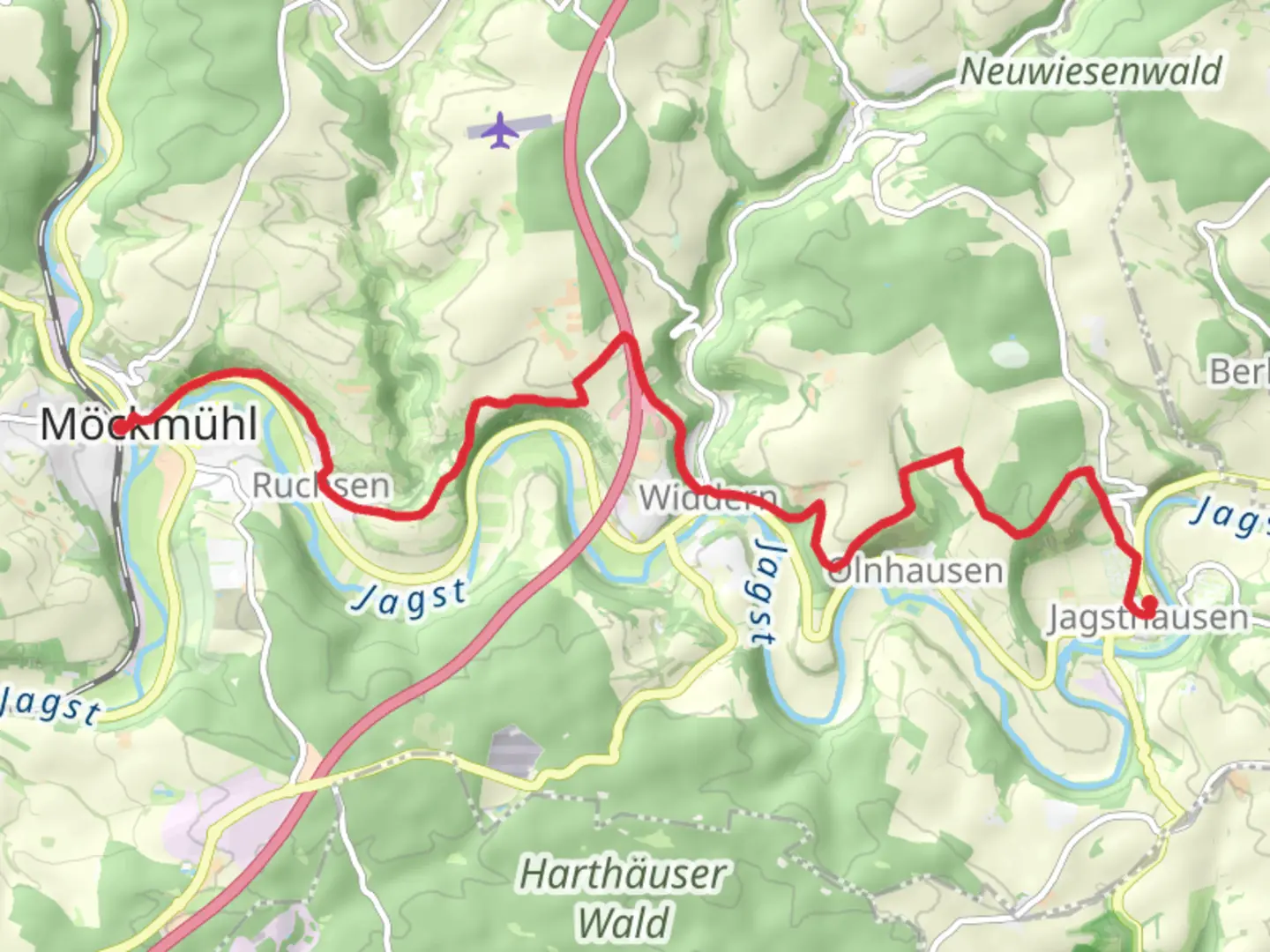 An image depicting the trail Möckmühl to Jagsthausen via Olnhausen Widdern and its surrounding area.