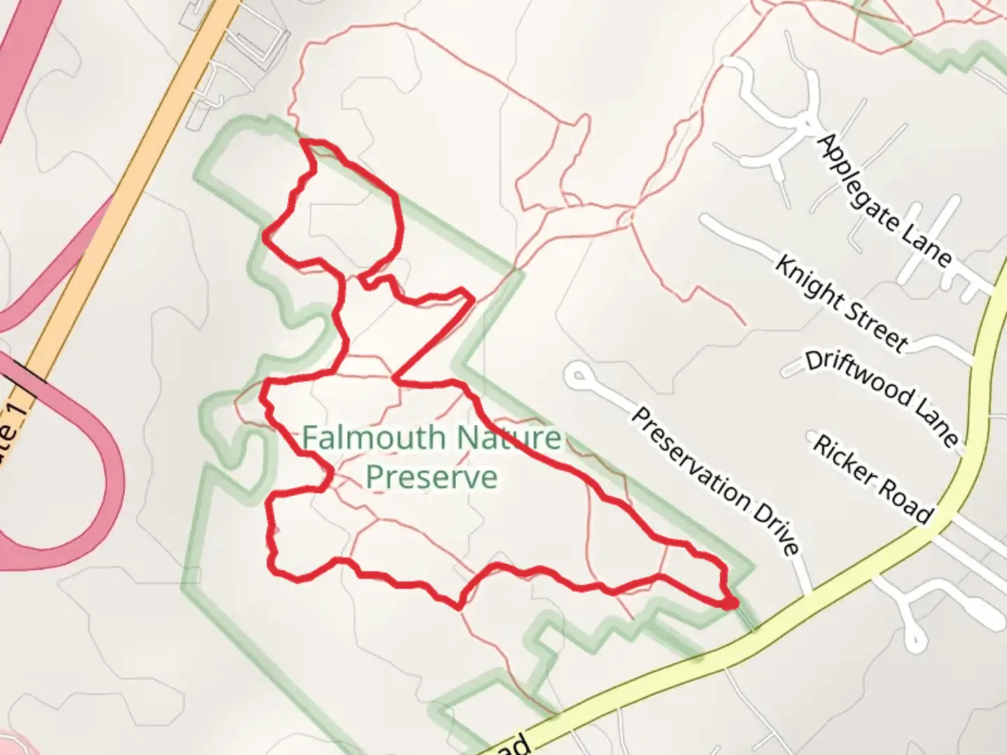 An image depicting the trail Falmouth Nature Reserve Loop and its surrounding area.