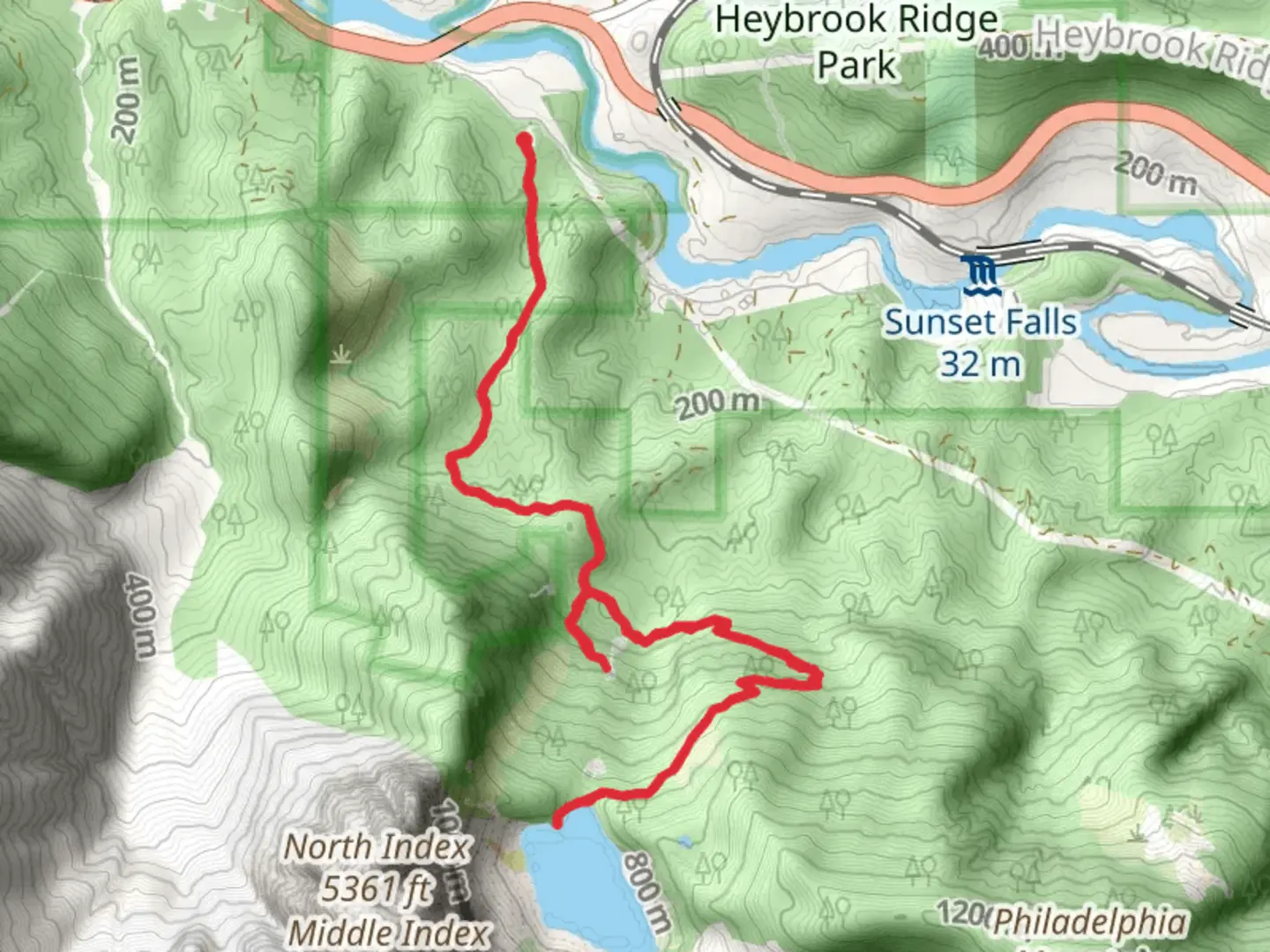 An image depicting the trail Lake Serene and Bridal Veil Falls Trail and its surrounding area.