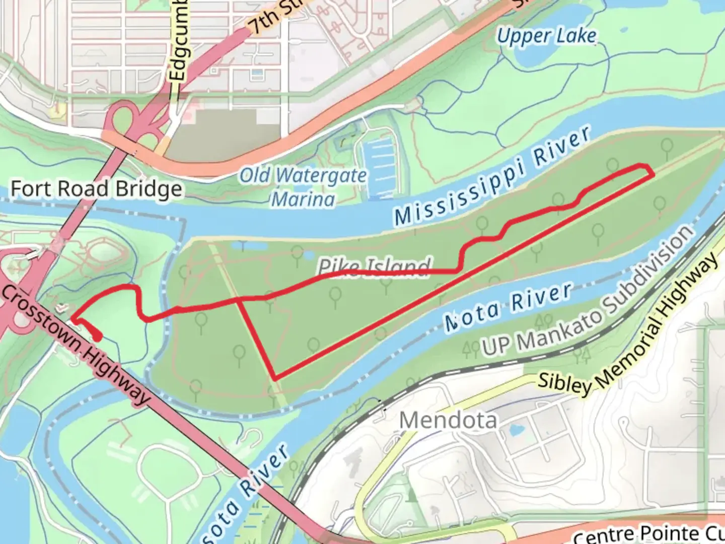 An image depicting the trail Pike Island Loop from Minnehaha Trail and its surrounding area.