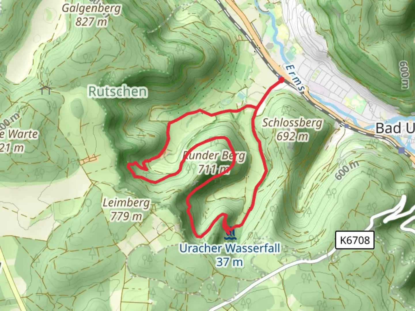An image depicting the trail Bad Urach Guetersteiner Wasserfaelle and Wasserfallsteig Loop and its surrounding area.