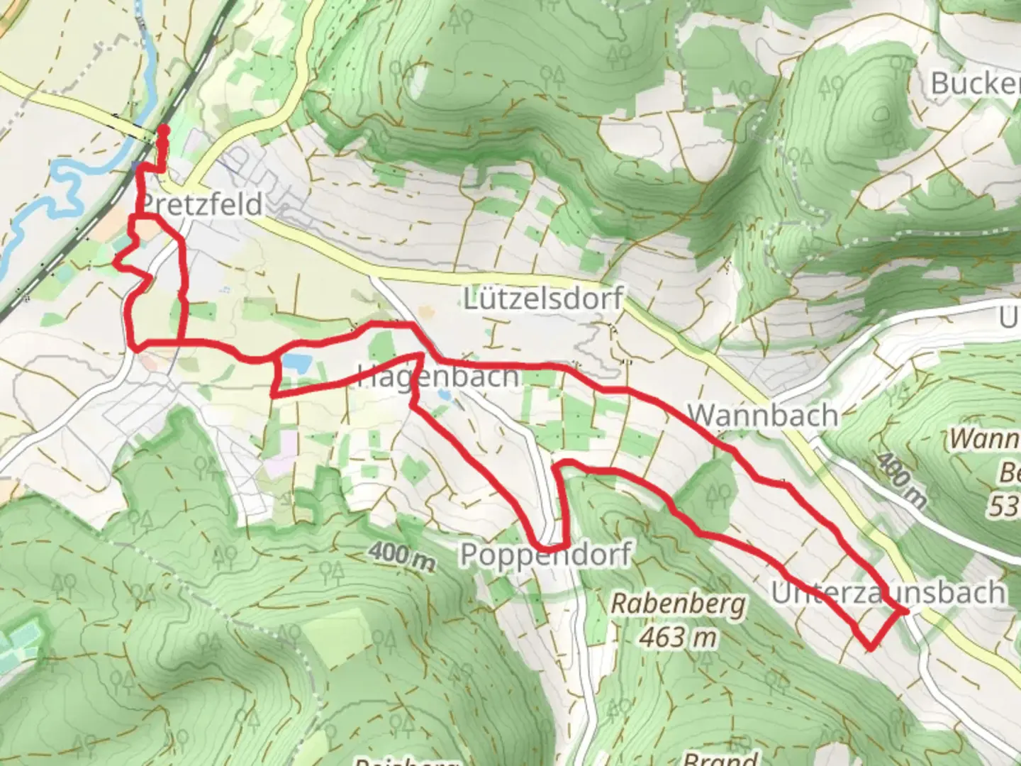 An image depicting the trail Pretzfelder Kirschenweg, Lauferlebnis Fraekische Schweiz and Pretzfeld - Hetzelsdorf and its surrounding area.