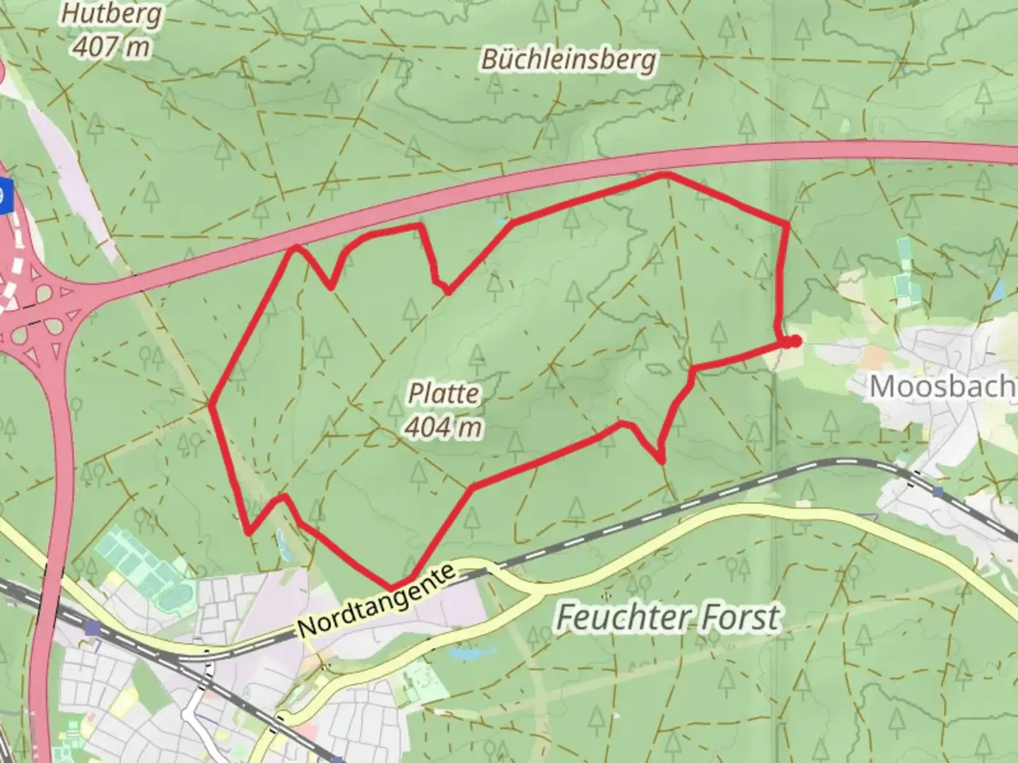 An image depicting the trail Moosbach Imkerrunde and its surrounding area.