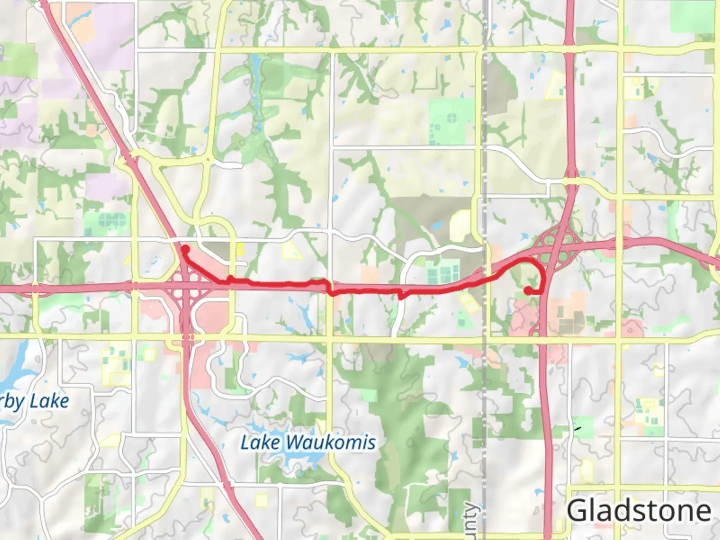 An image depicting the trail A 152 Trail from North Old Tiffany Springs Road and its surrounding area.
