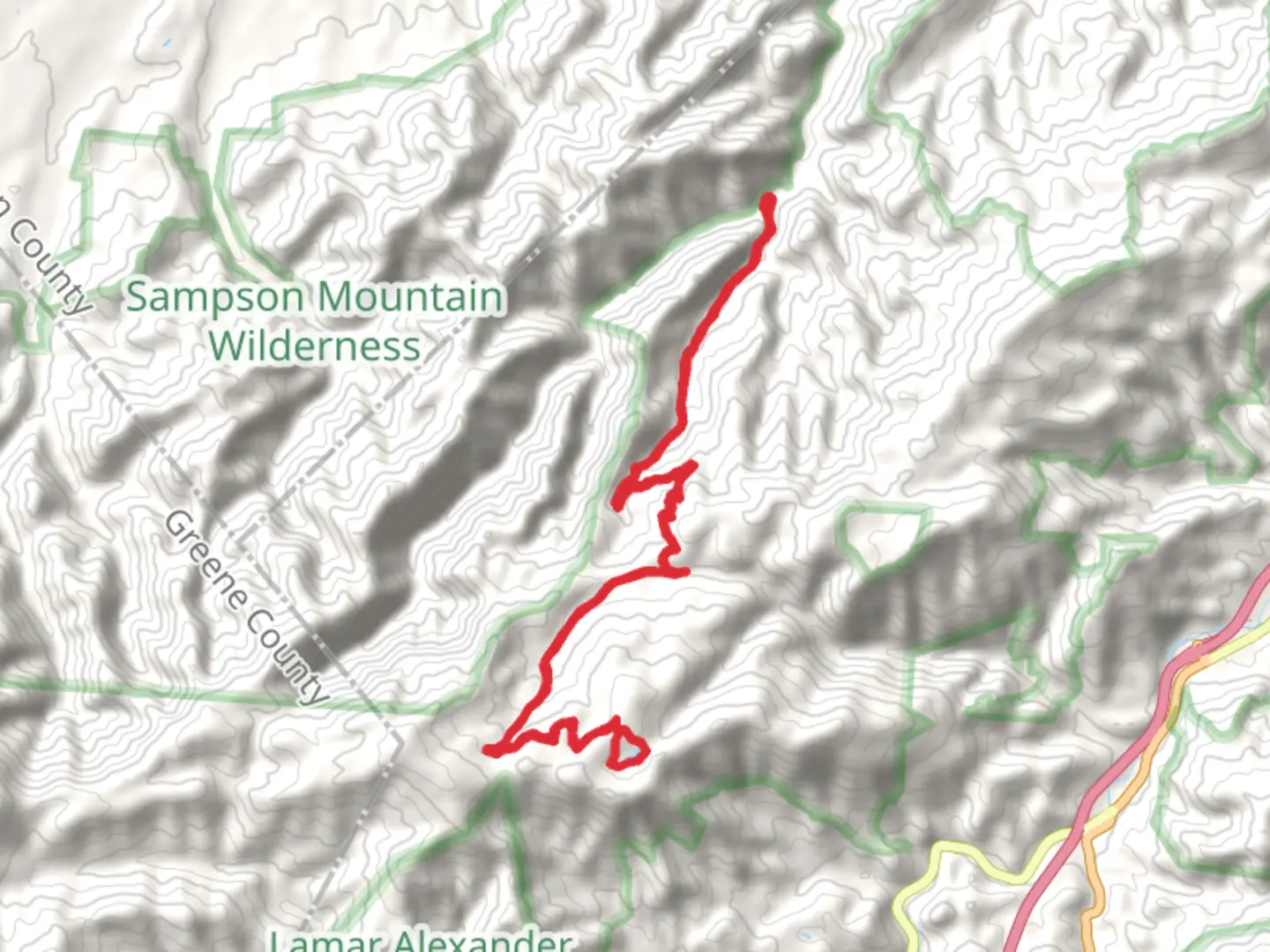 An image depicting the trail Birchfield Camp Branch via Longarm Trail and its surrounding area.