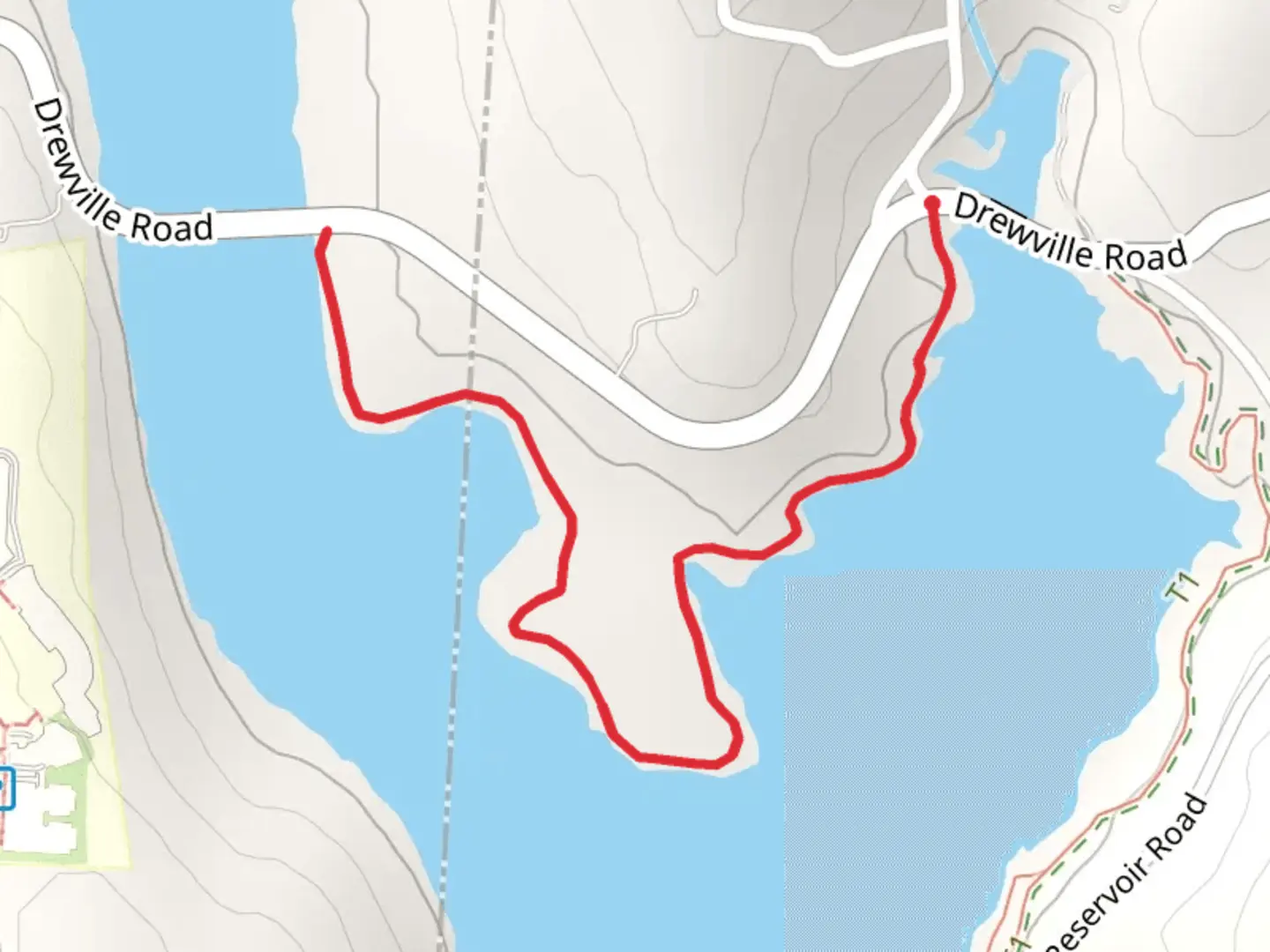 An image depicting the trail Croton Falls Reservoir from Drewville Road and its surrounding area.