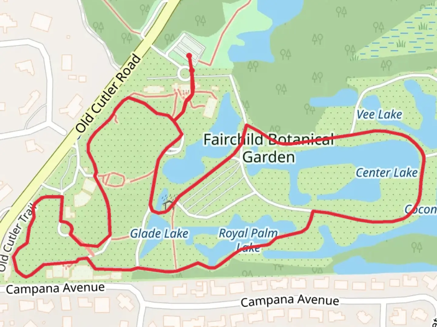 An image depicting the trail Center Lake and Royal Palm Lake Loop and its surrounding area.