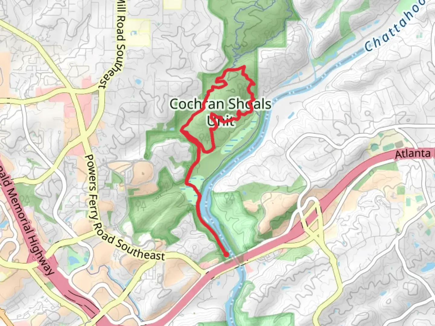 An image depicting the trail Cochran Shoals - Chattahoochee River Loop and its surrounding area.