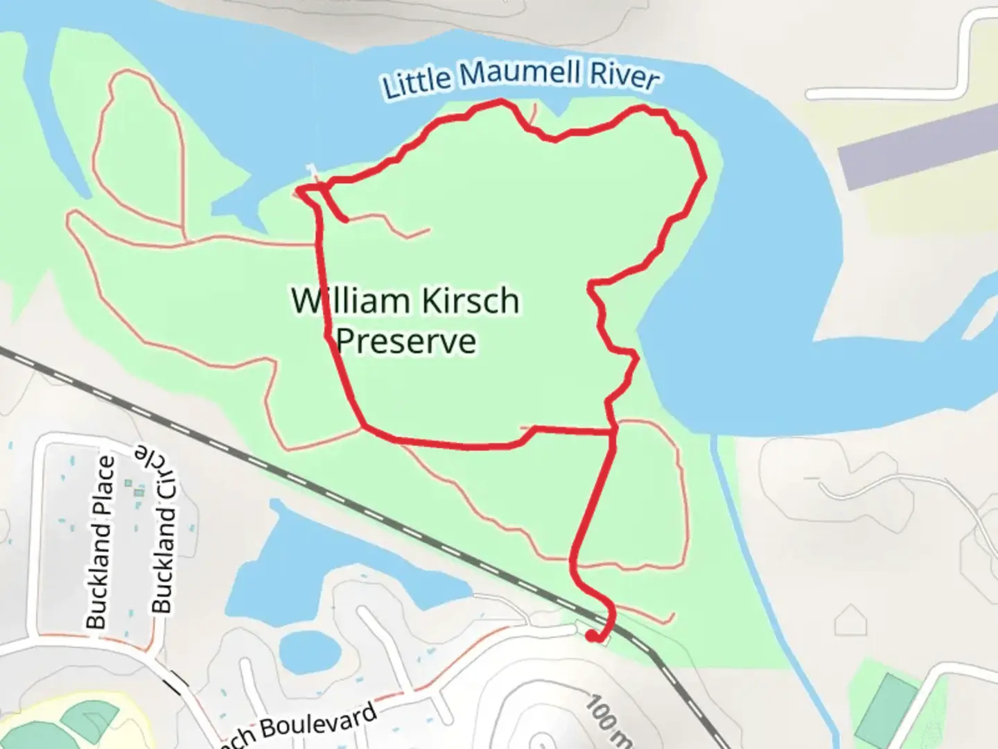 An image depicting the trail William Kirsch Preserve - Gravel - Field - River Loop Trail and its surrounding area.