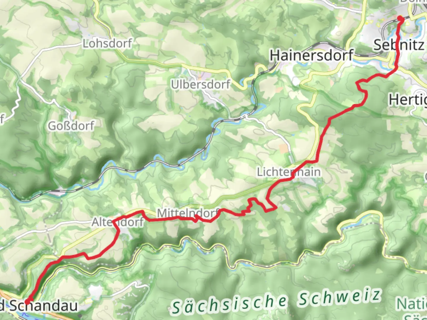 An image depicting the trail Sebnitz to Bad Schandau Walk and its surrounding area.