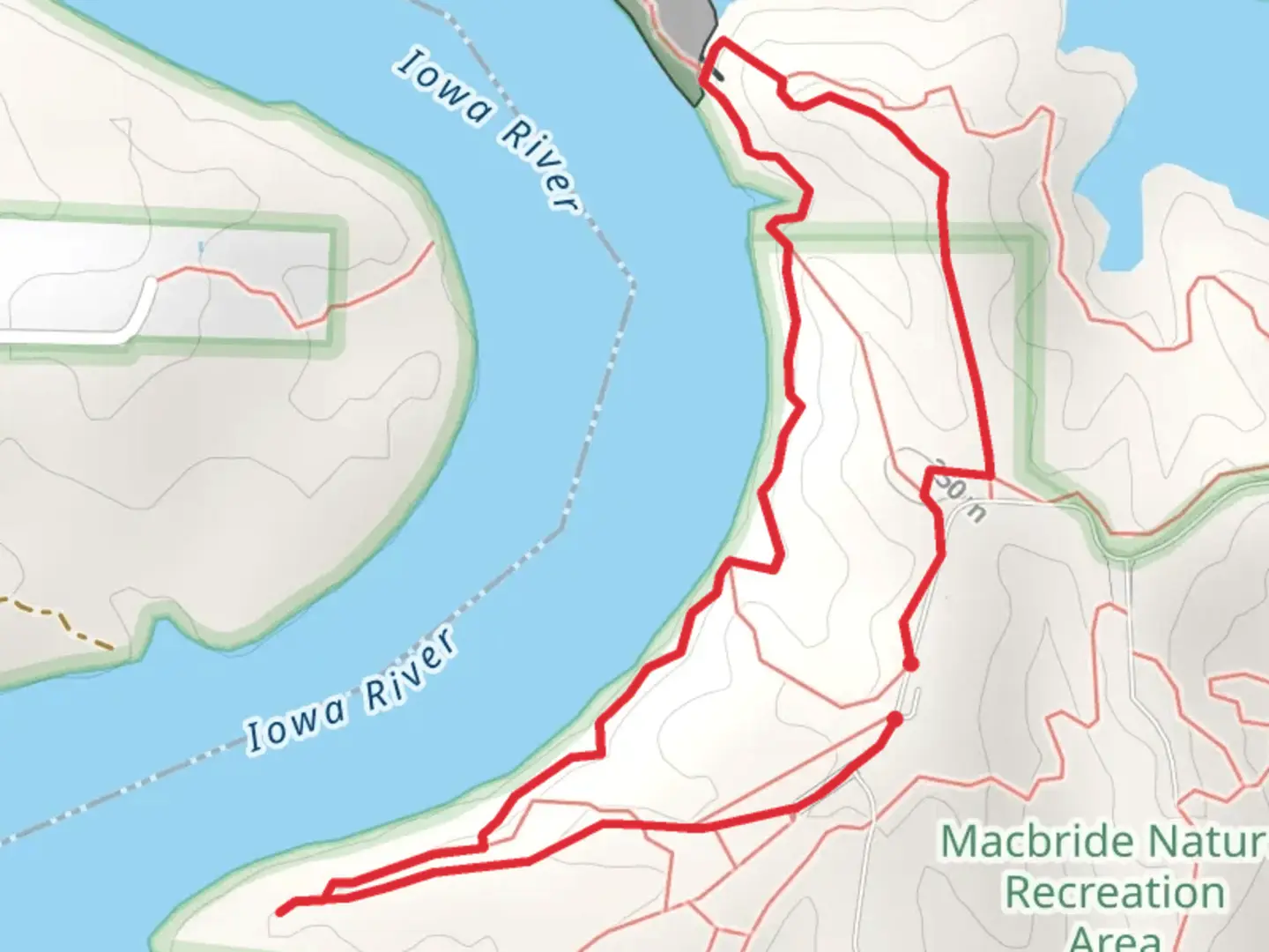 An image depicting the trail Raptor Ridge Road Northeast Overlook Iowa River and its surrounding area.
