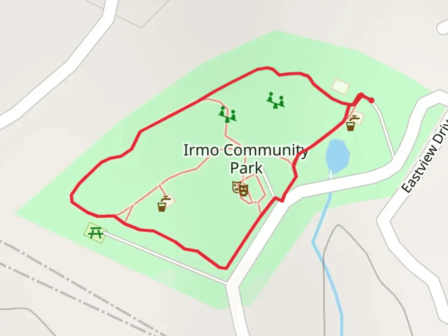 An image depicting the trail Irmo Community Park Loop and its surrounding area.