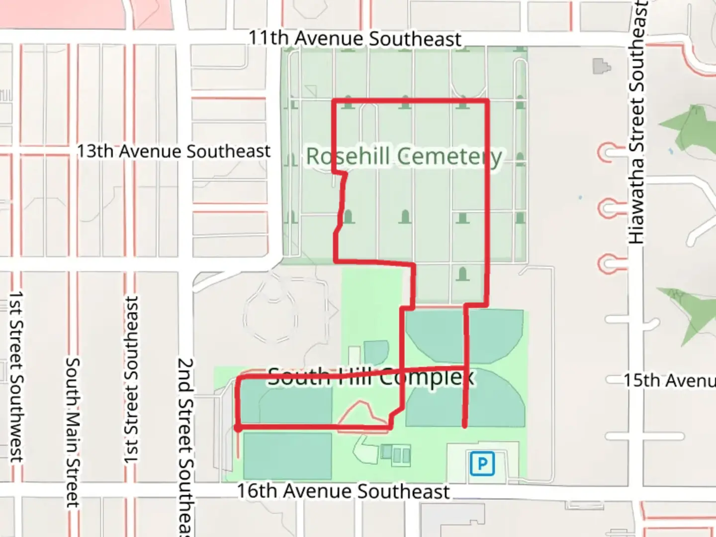 An image depicting the trail South Hill Complex and Rosehill Cemetery Loop and its surrounding area.