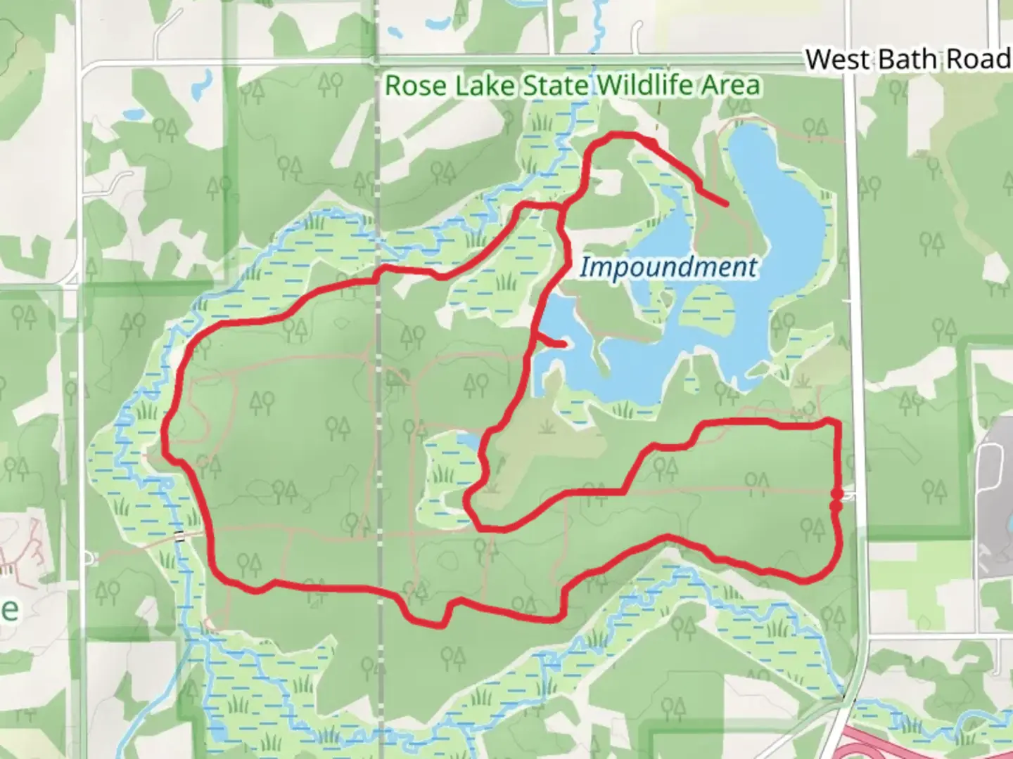 An image depicting the trail Impoundment via Woodbury Loop and its surrounding area.