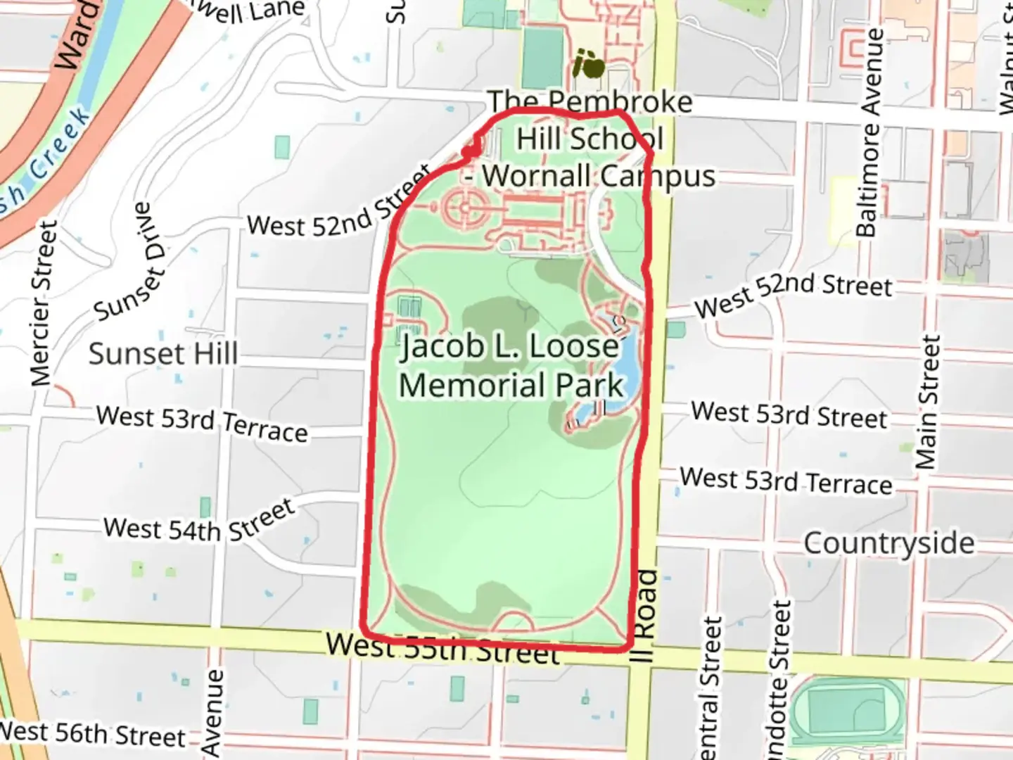An image depicting the trail Rose garden and Loose Park Pond Loop and its surrounding area.