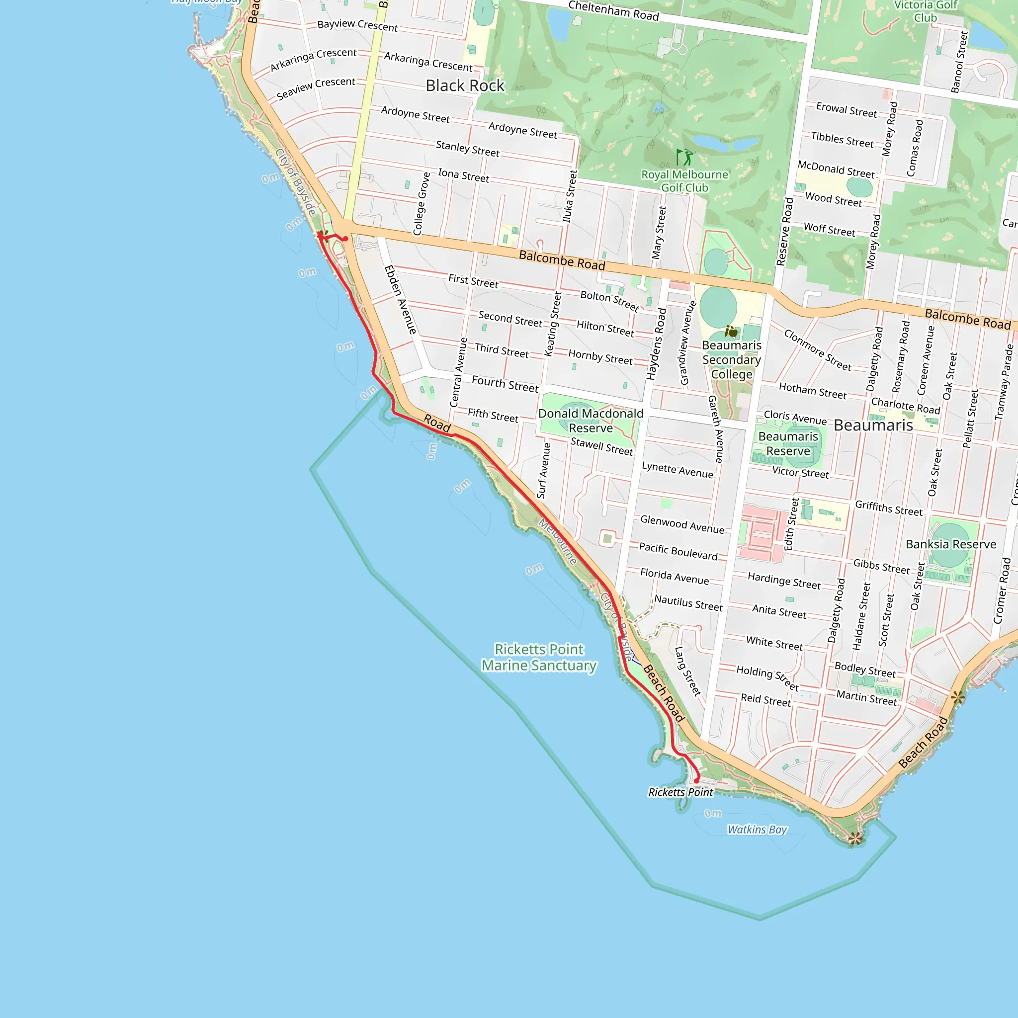 Black Rock Beach to Ricketts Point Marine Sanctuary mobile static map