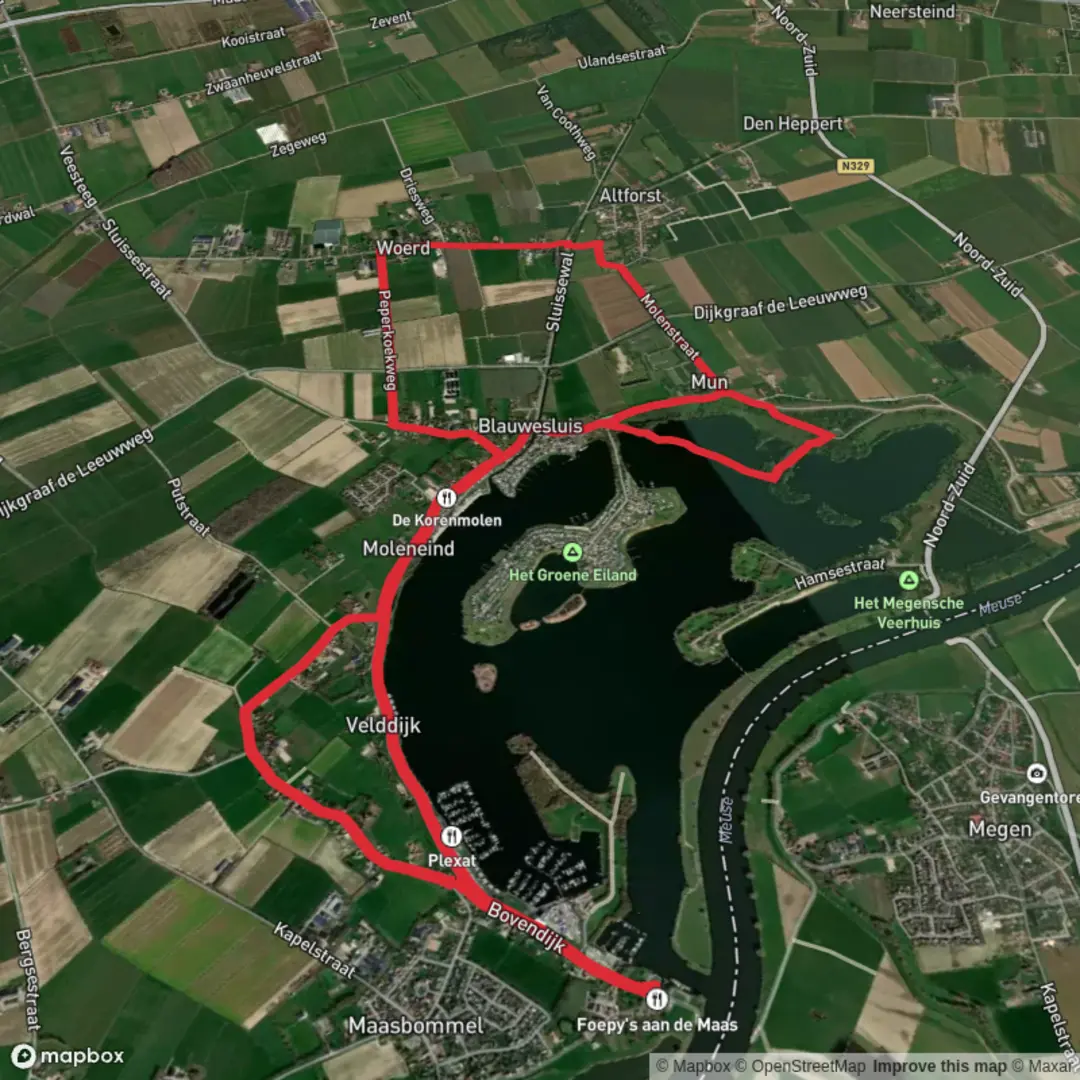 An image depicting the trail De Goudenham and Het Binnenmeer Loop and its surrounding area.