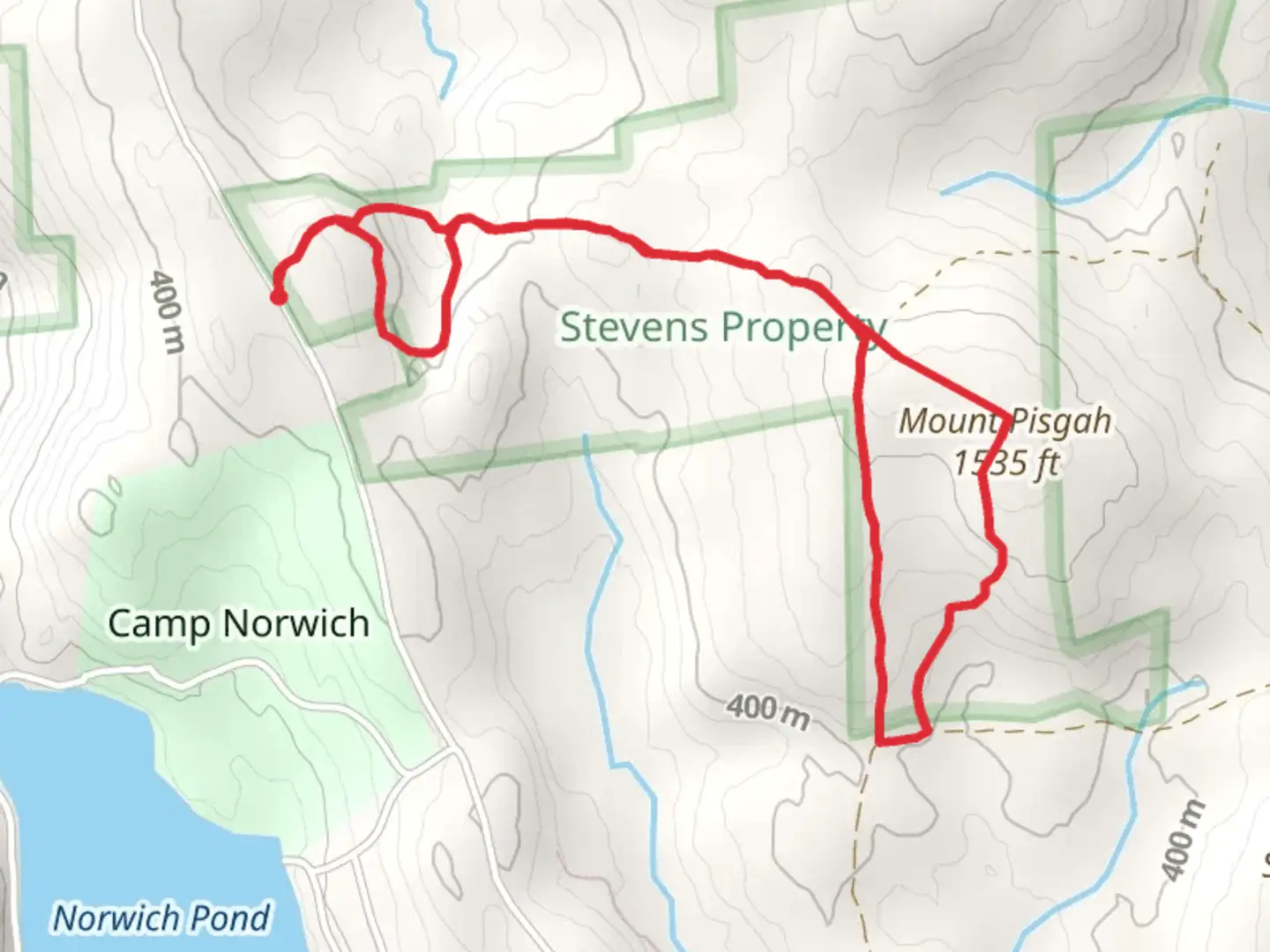 An image depicting the trail Mount Pisgah from Pisgah Road and its surrounding area.
