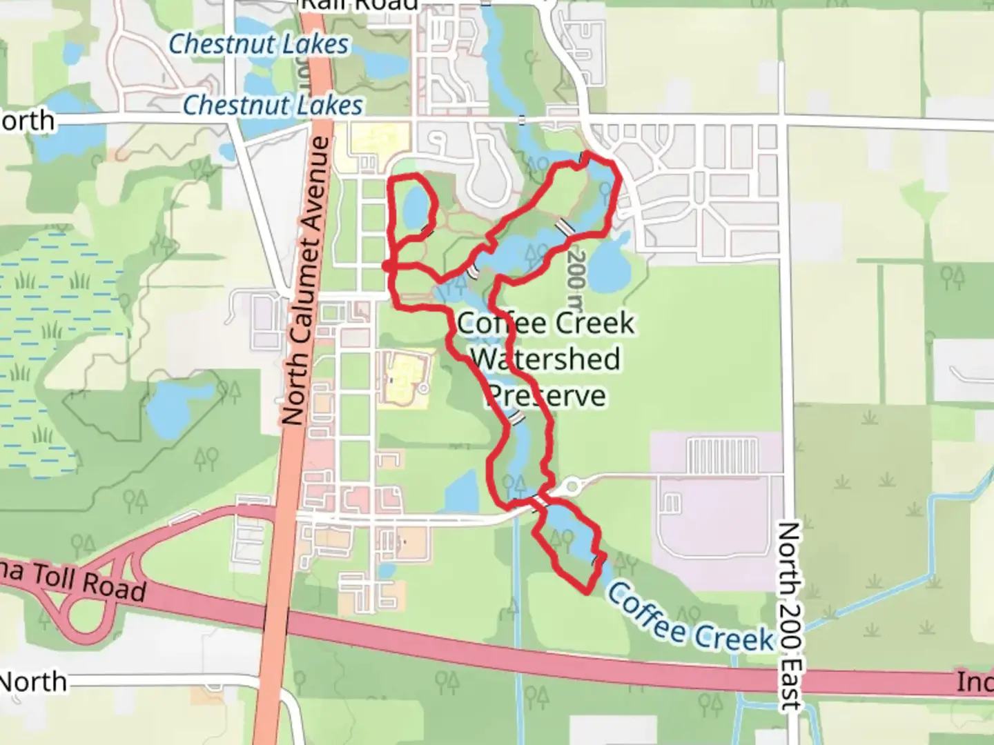 An image depicting the trail Coffee Creek Watershed Preserve Loop and its surrounding area.