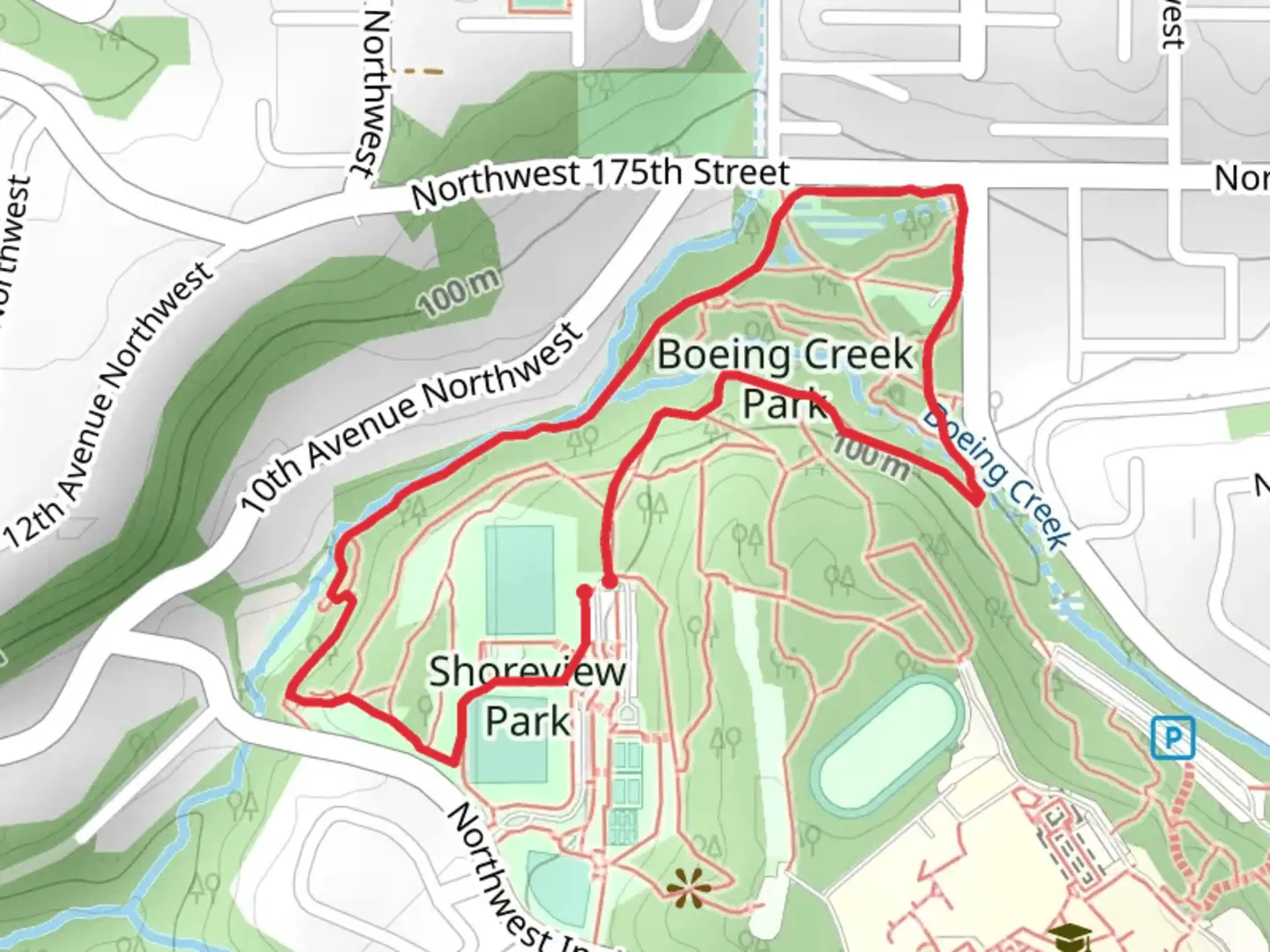 An image depicting the trail Boeing Creek Park Stormwater Retention Pond and Boeing Creek Loop Trail and its surrounding area.