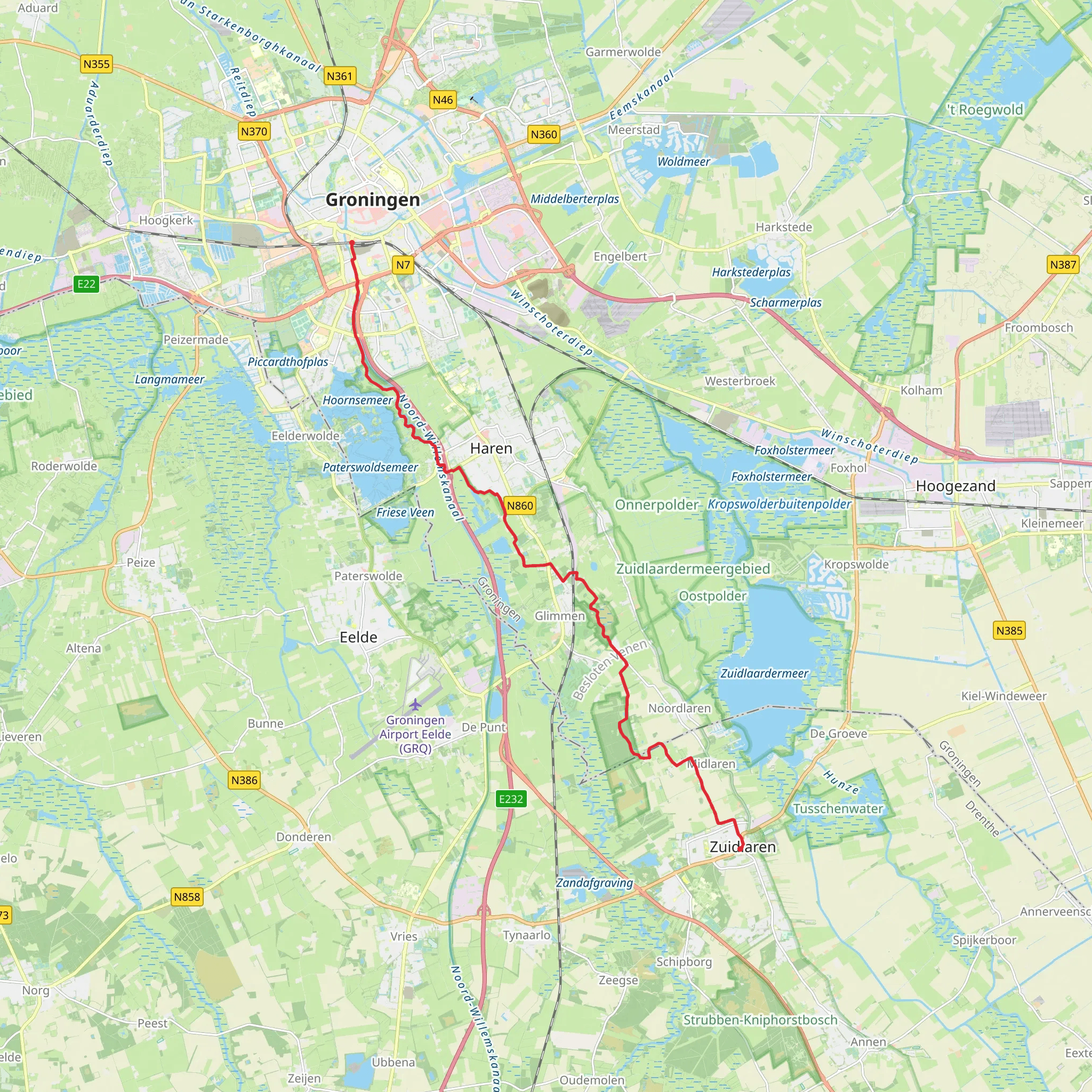 Zuidlaren to Groningen via Wolddeelen and Noordlaarder Bosch mobile static map