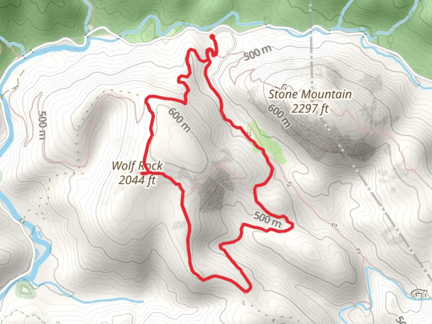 An image depicting the trail Stone Mountain, Blackjack Ridge and Wolf Rock Loop Trail and its surrounding area.
