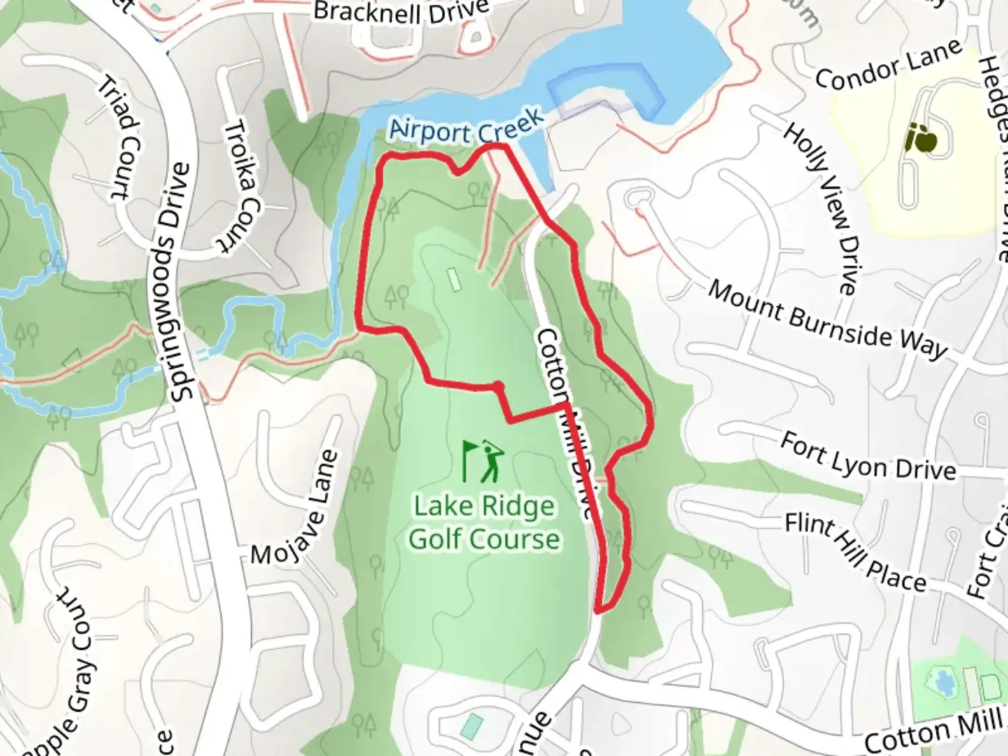 An image depicting the trail Lake Ridge Golf Course Loop and its surrounding area.
