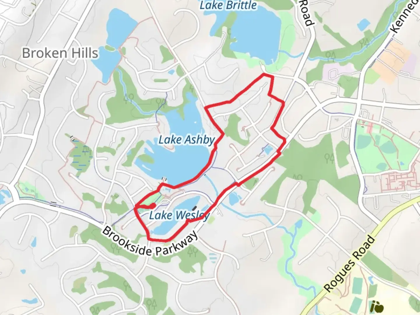 An image depicting the trail Lake Ashby and Lake Wesley Loop and its surrounding area.
