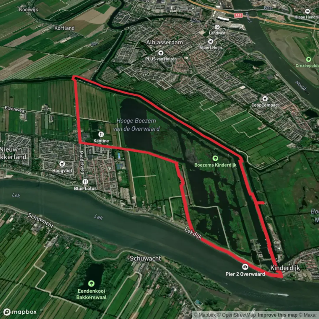 An image depicting the trail Lekdijk, Middelkade and Tiend Weg and its surrounding area.