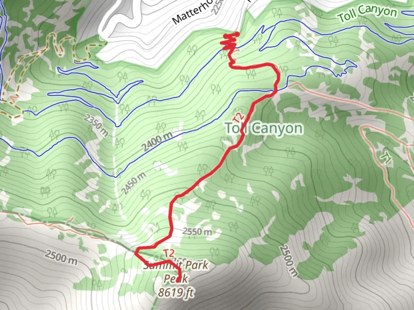 An image depicting the trail Summit Park Peak via Over Easy and its surrounding area.