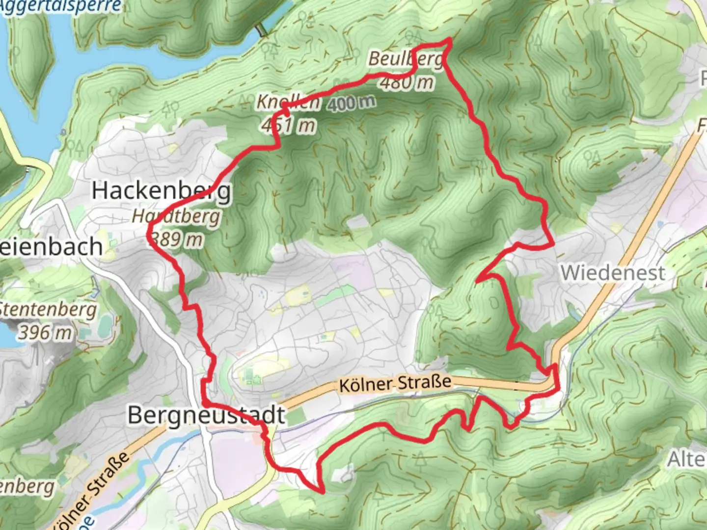 An image depicting the trail Knollen via Feuer and Flamme Weg and its surrounding area.