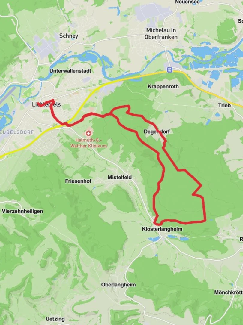 An image depicting the trail Lichtenfels and Klosterlangheim Loop and its surrounding area.