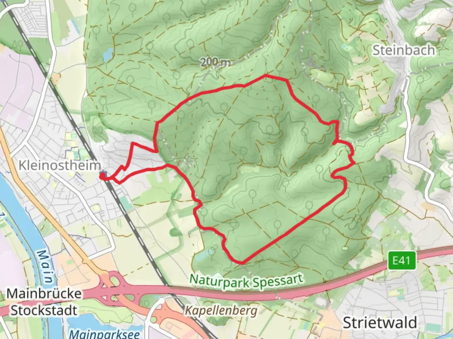 An image depicting the trail Strietwald and Kulturweg Aschaffenburg and its surrounding area.
