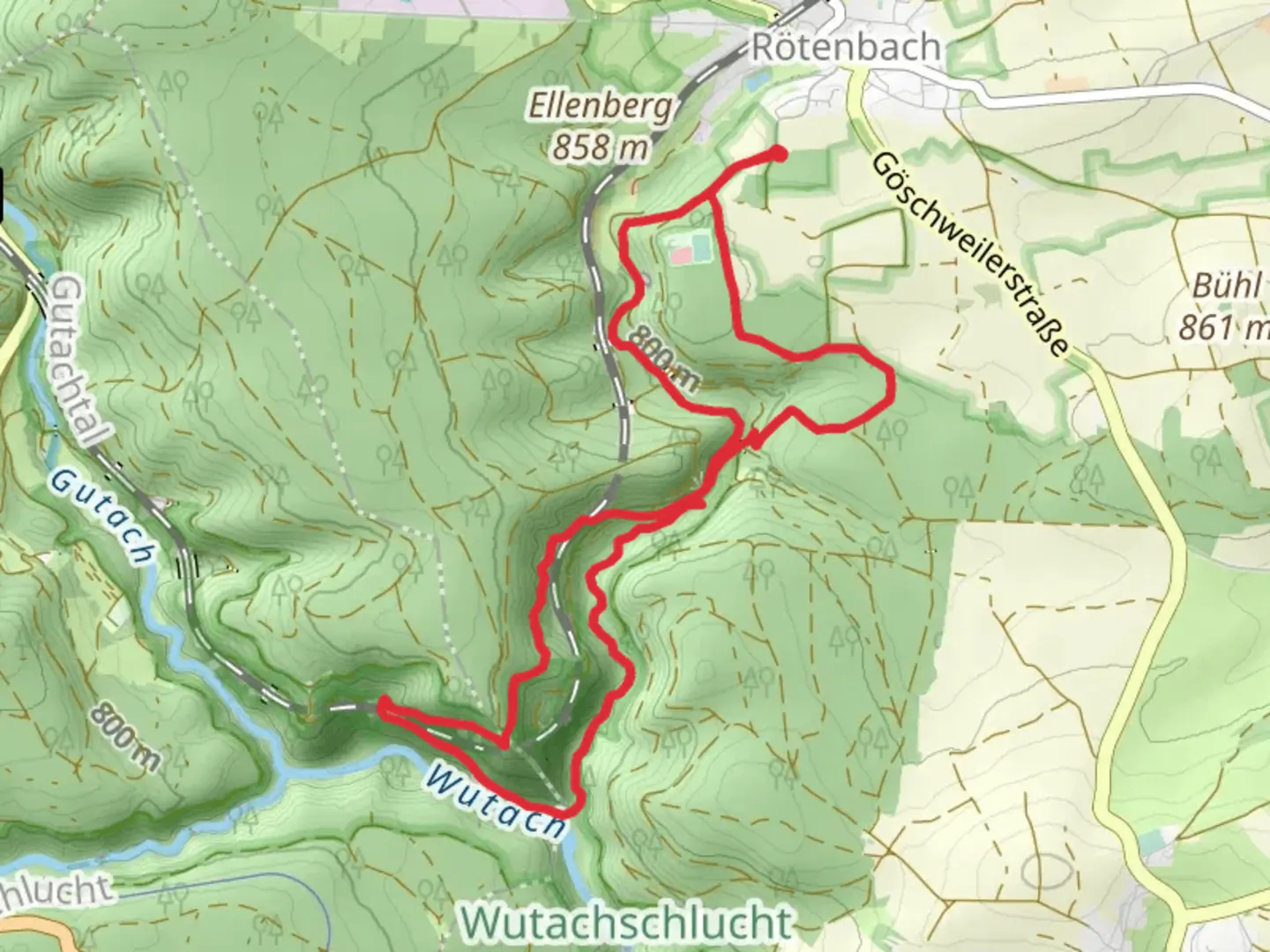 An image depicting the trail Rettungssektor A and Genießerpfad Loop and its surrounding area.