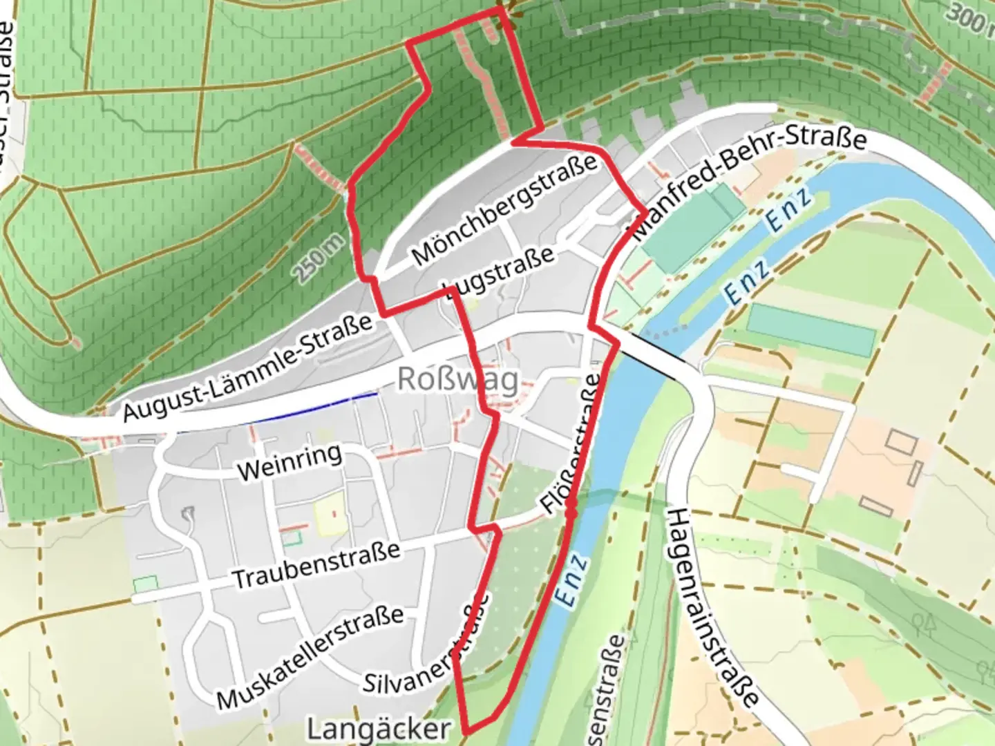 An image depicting the trail Flosserbrunnen via Historischer Rundgang Rosswag and its surrounding area.