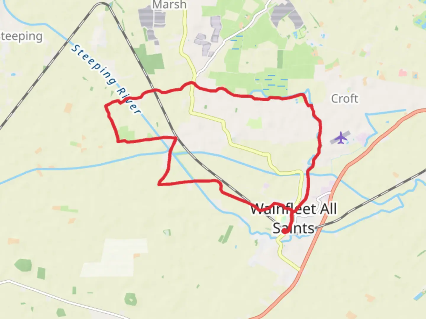 An image depicting the trail Wainfleet and Thorpe Culvert Loop via Wainfleet Relief Channel and its surrounding area.