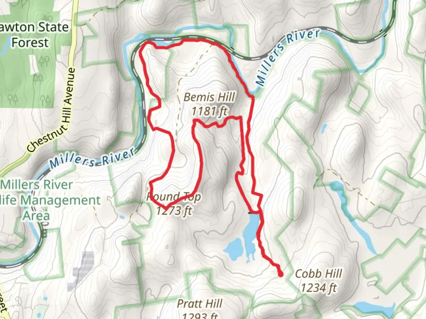 An image depicting the trail Newton Reservoir, Bemis Hill and Sheep Rock Loop and its surrounding area.