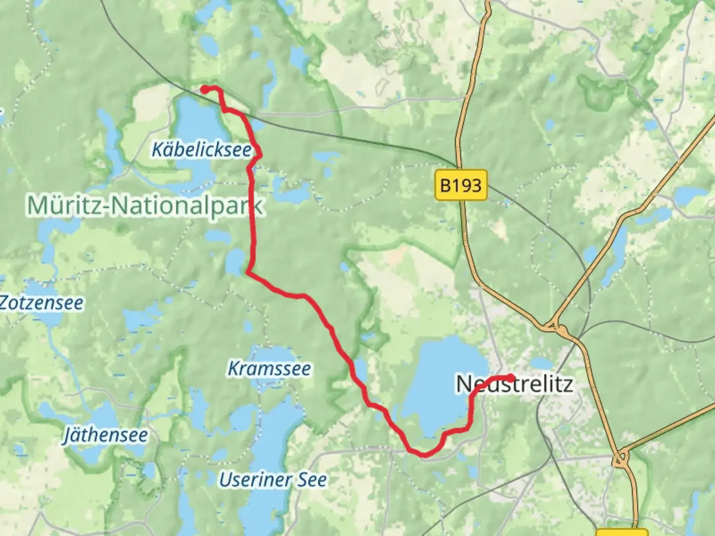 An image depicting the trail Neustrelitz to Kratzeburg Walk via Zierker See and its surrounding area.