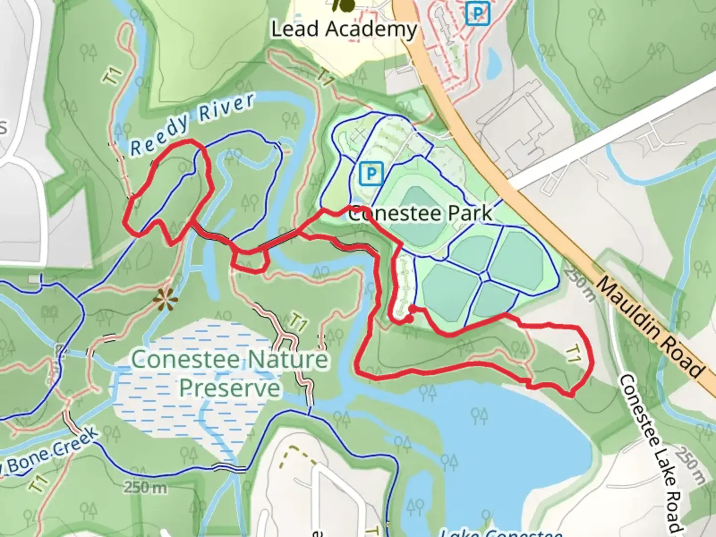 An image depicting the trail Racoon Run, River Otter Way and Woodie Loop Walk and its surrounding area.