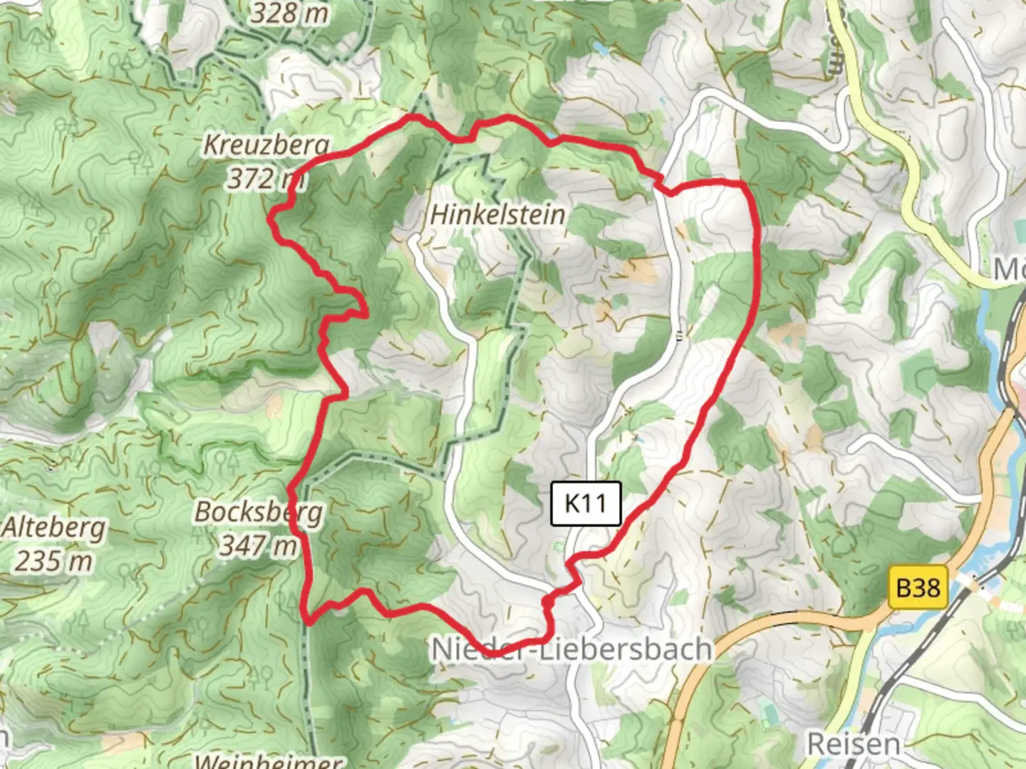 An image depicting the trail Odenwald Vogesen Weg Teil and Sulzbacher Weg and its surrounding area.