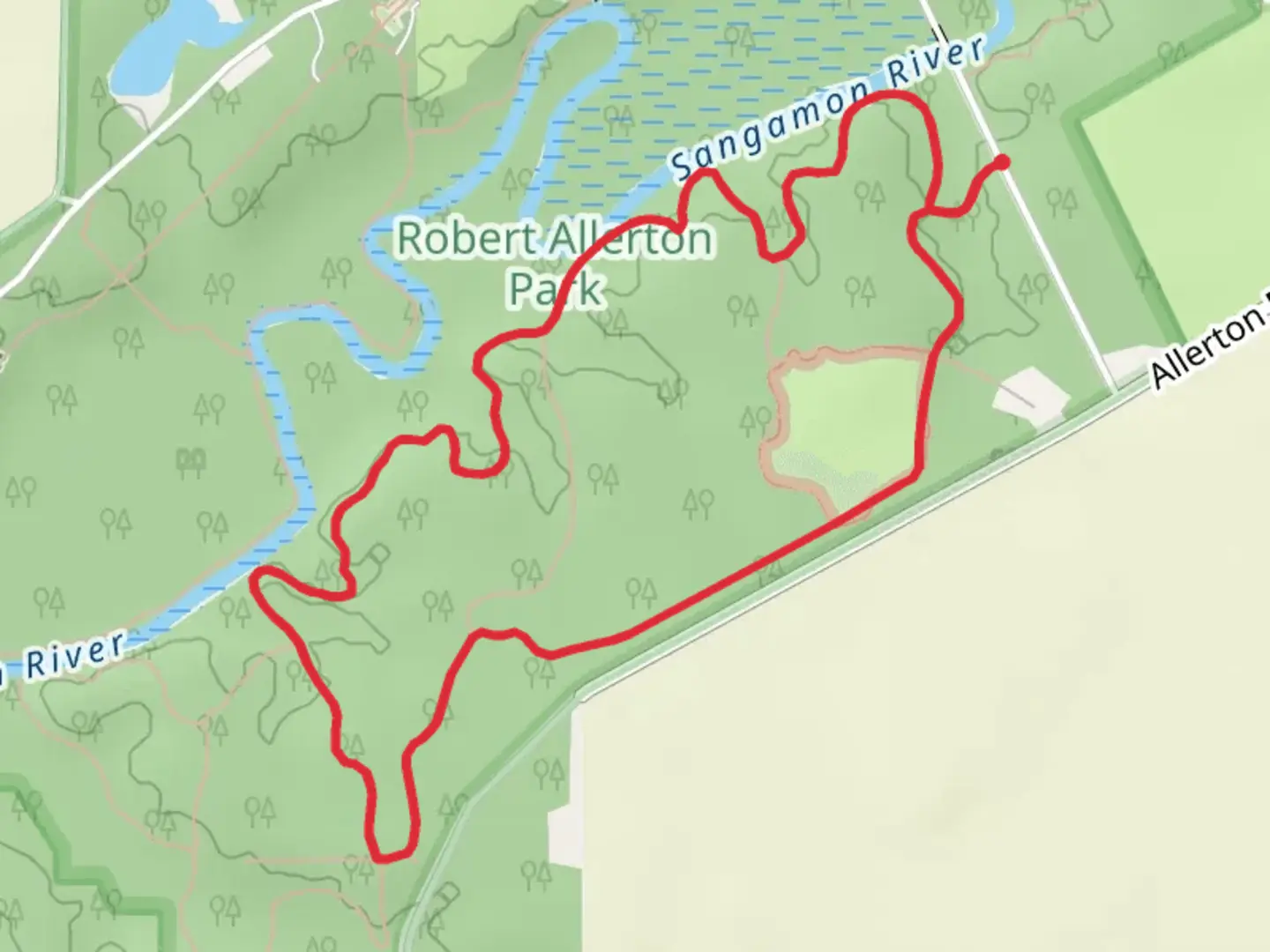 An image depicting the trail Draft Blue and Red Loop - Robert Allerton Park and its surrounding area.