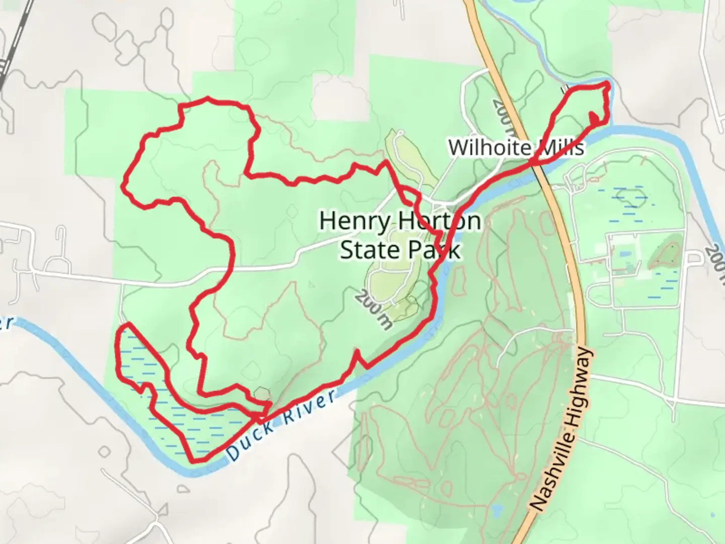 An image depicting the trail Wilhoite Mill, Adeline Wilhoite River and Hickory Ridge Outer Loop Trail and its surrounding area.