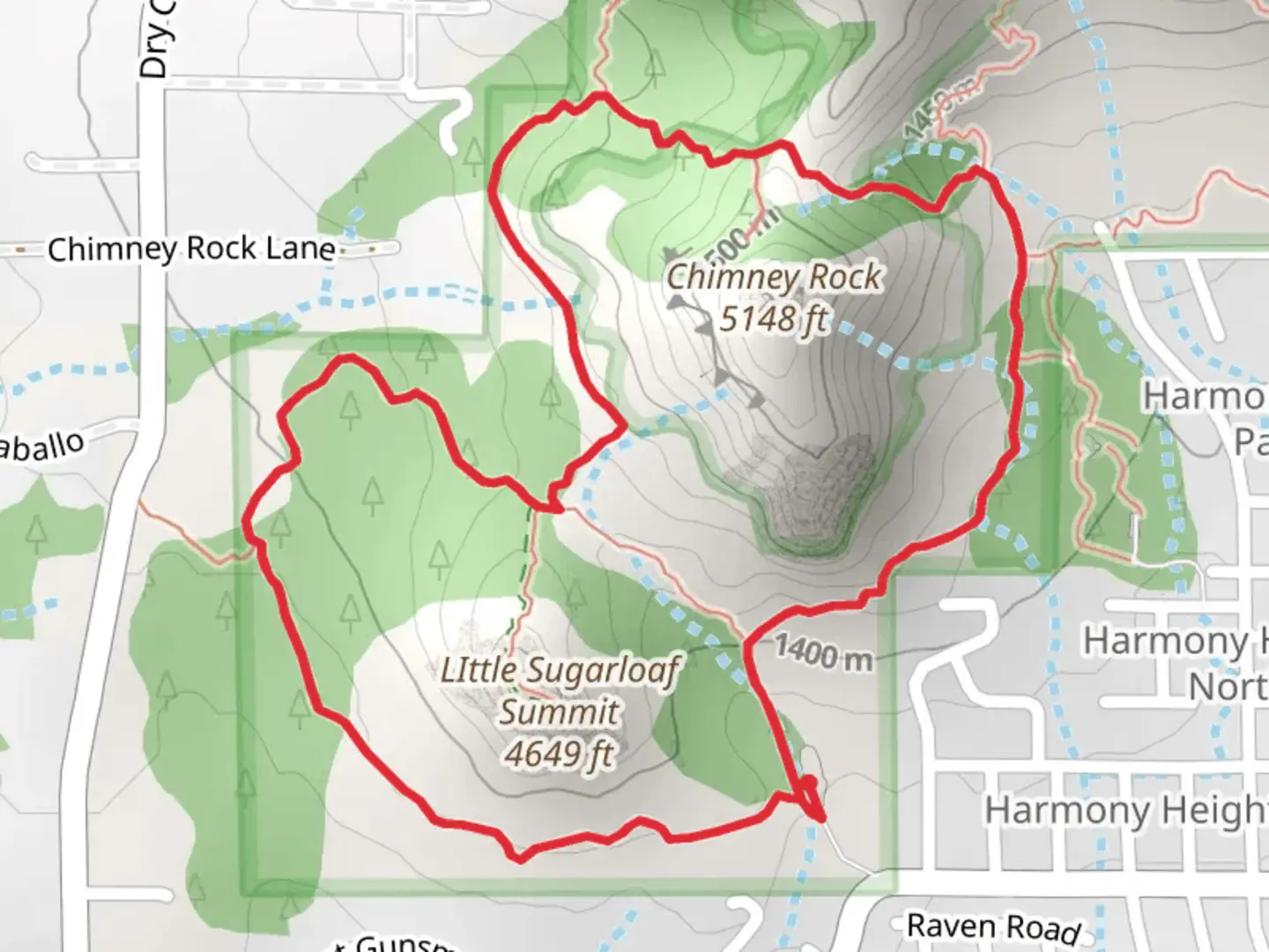 An image depicting the trail LIttle Sugarloaf Summit and Chimney Rock Loop and its surrounding area.