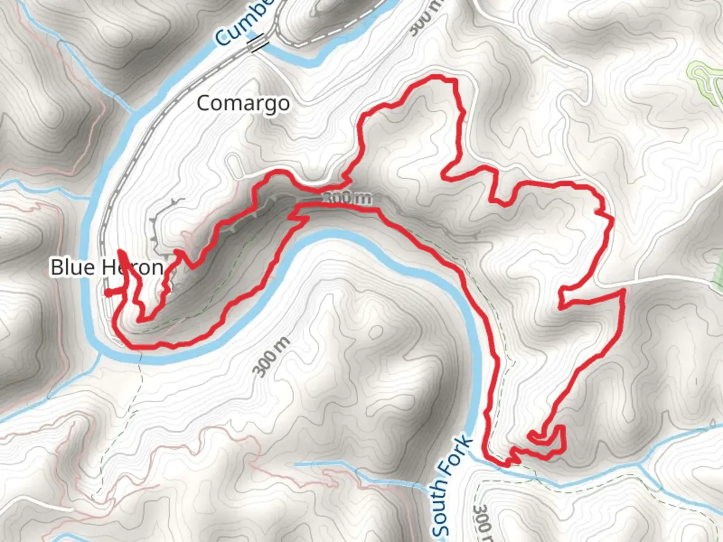 An image depicting the trail Blue Heron Loop via Cumberland River South Fork and its surrounding area.