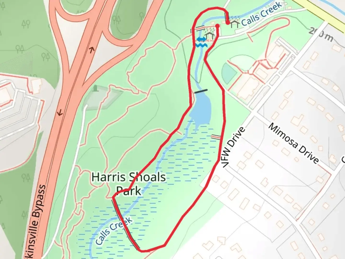 An image depicting the trail Harris Shoals Park Loop and its surrounding area.