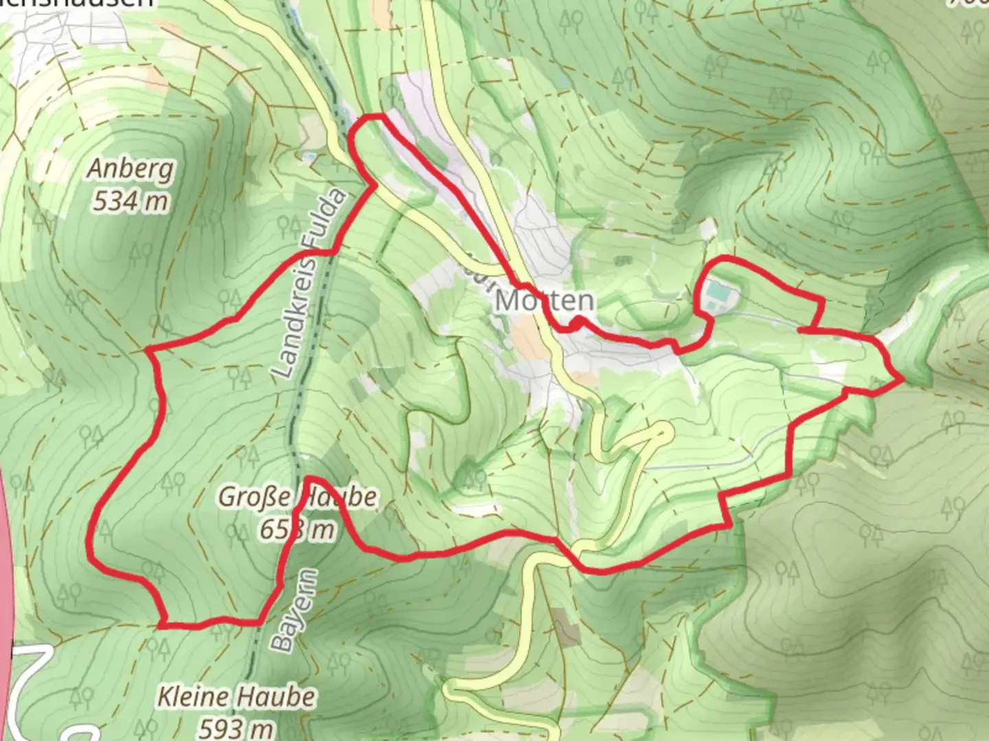 An image depicting the trail Jagereiche, Große Haube and Fuchsenhof Loop - Motten and its surrounding area.